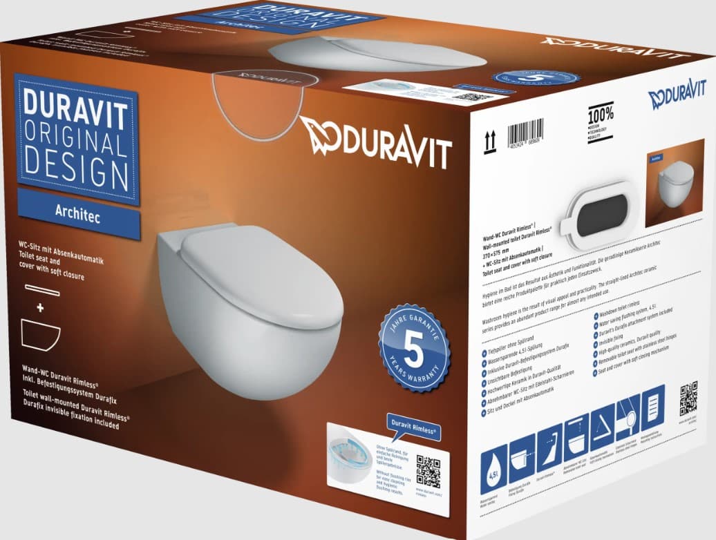 Унитаз подвесной DURAVIT Architec арт.: 45726900A1, безободковый с сиденьем с микролифтом
